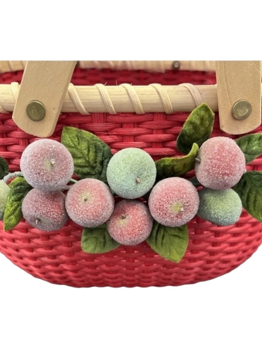 Vintage Red Woven Peterboro Oval Basket With Sugared Fruit & Double Handles